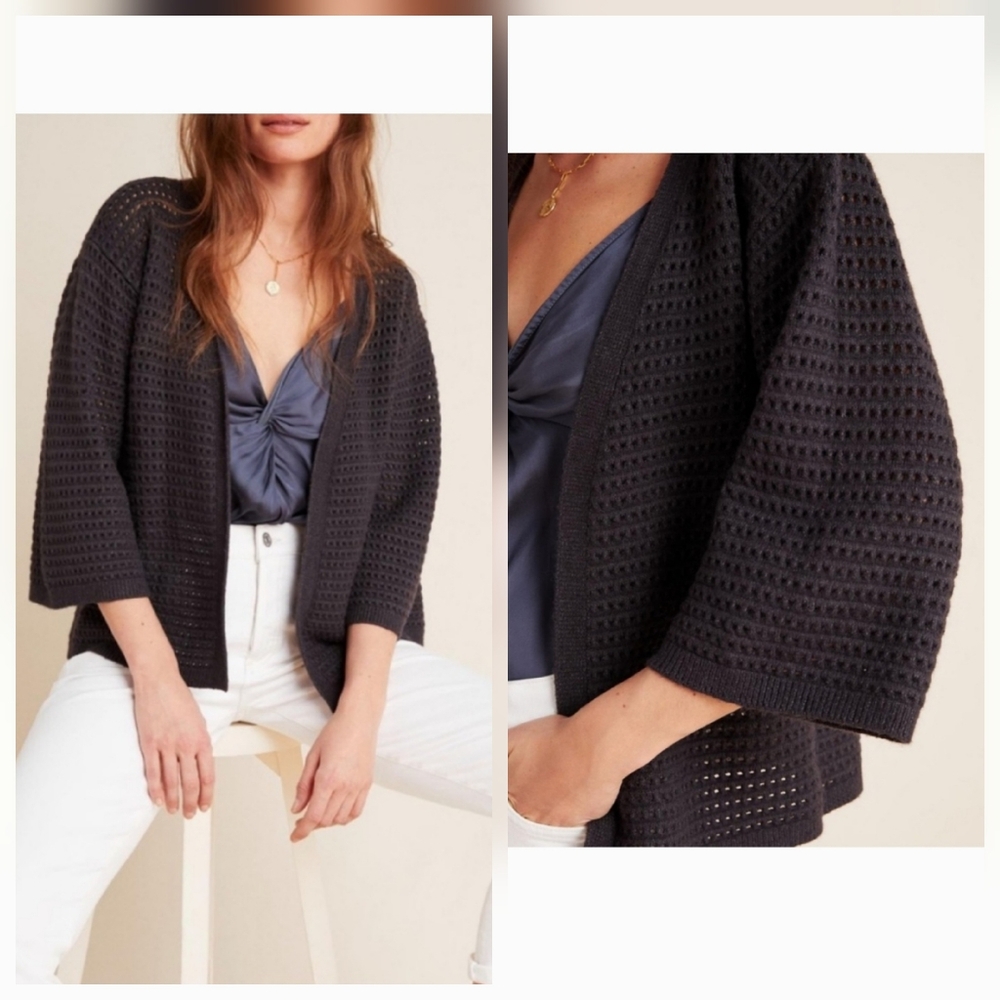 ANTHROPOLOGY Akemi + Kin Cardigan Womens OS Gray Crochet Knit Boho Kimono Layer